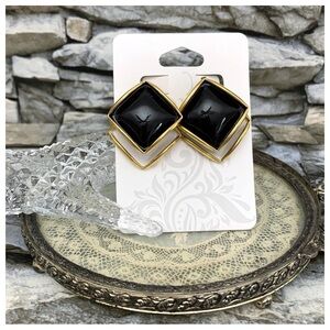 Vintage Signed Robert Black White Harlequin Enamel Art Deco Gold Clip Earrings